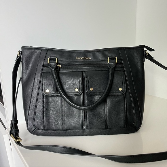 Franco Sarto Black Leather Tote Bag Crossbody with Gold Accents Like New - Picture 13 of 13